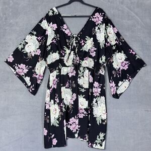 Maurices Dress Womens 3 Plus Black Floral Kimono Sleeve Fit Flare Boho Sundress